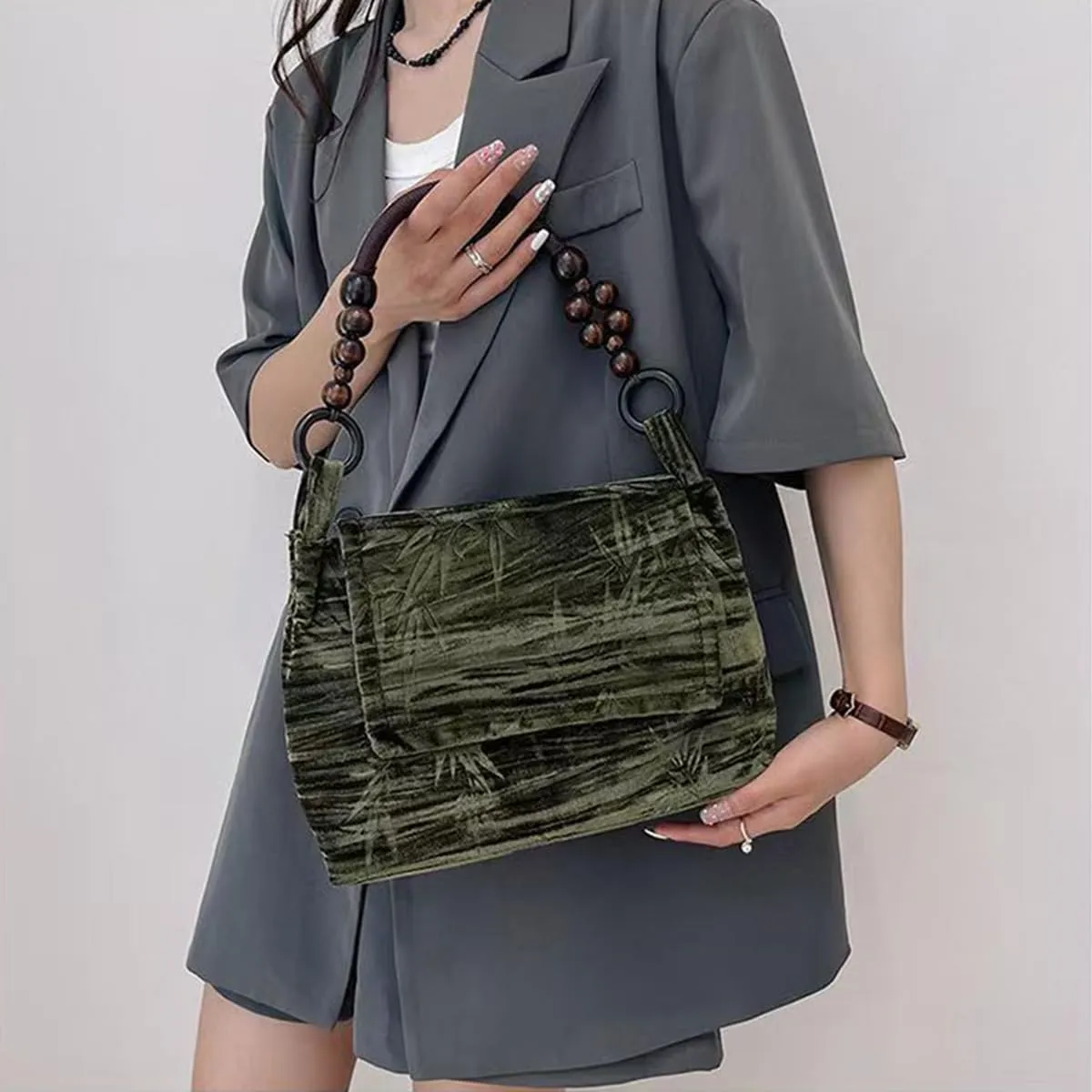 Chinese women's totebag, velvet embroidered printed shoulder bag with unique handle design, banquet gift