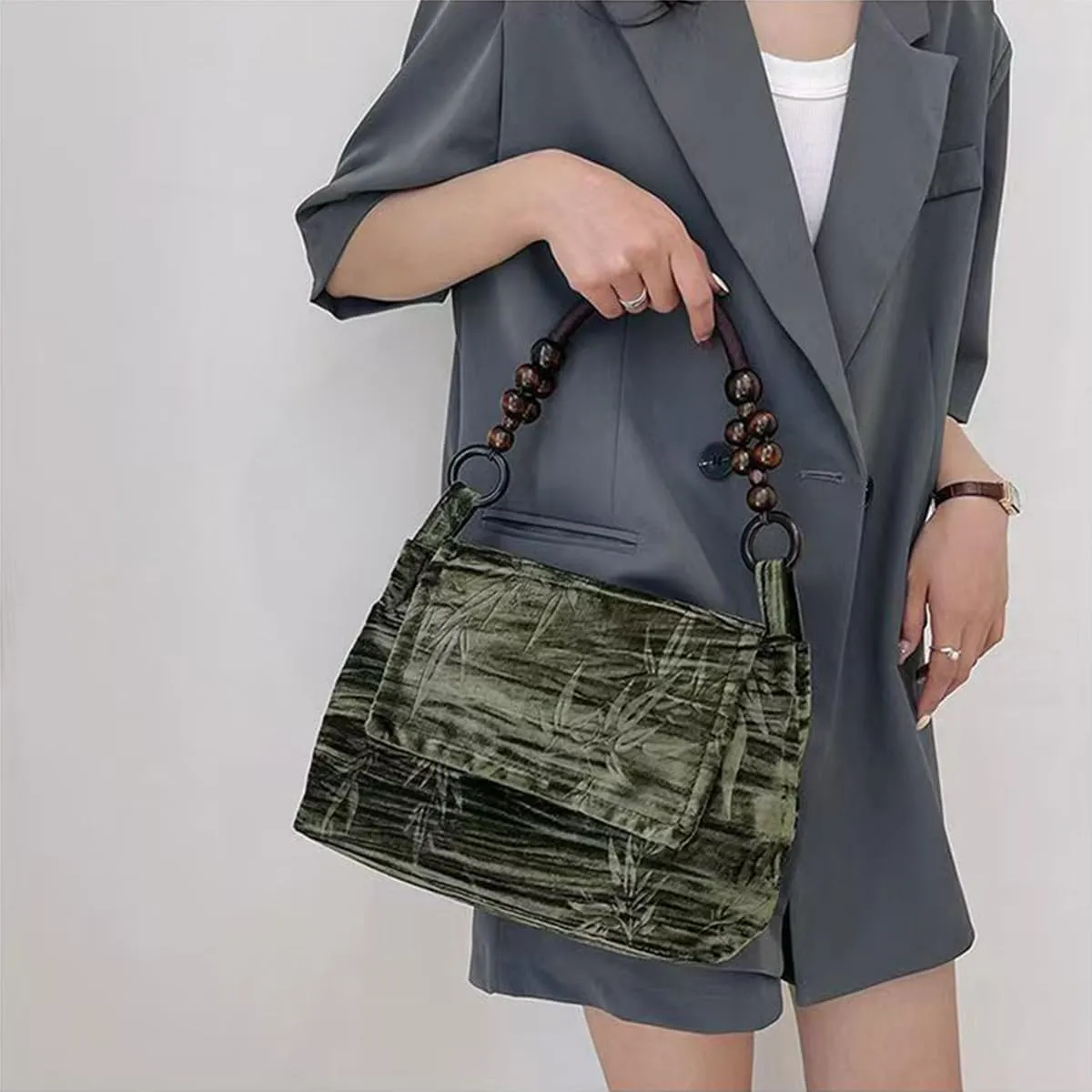 Chinese women's totebag, velvet embroidered printed shoulder bag with unique handle design, banquet gift