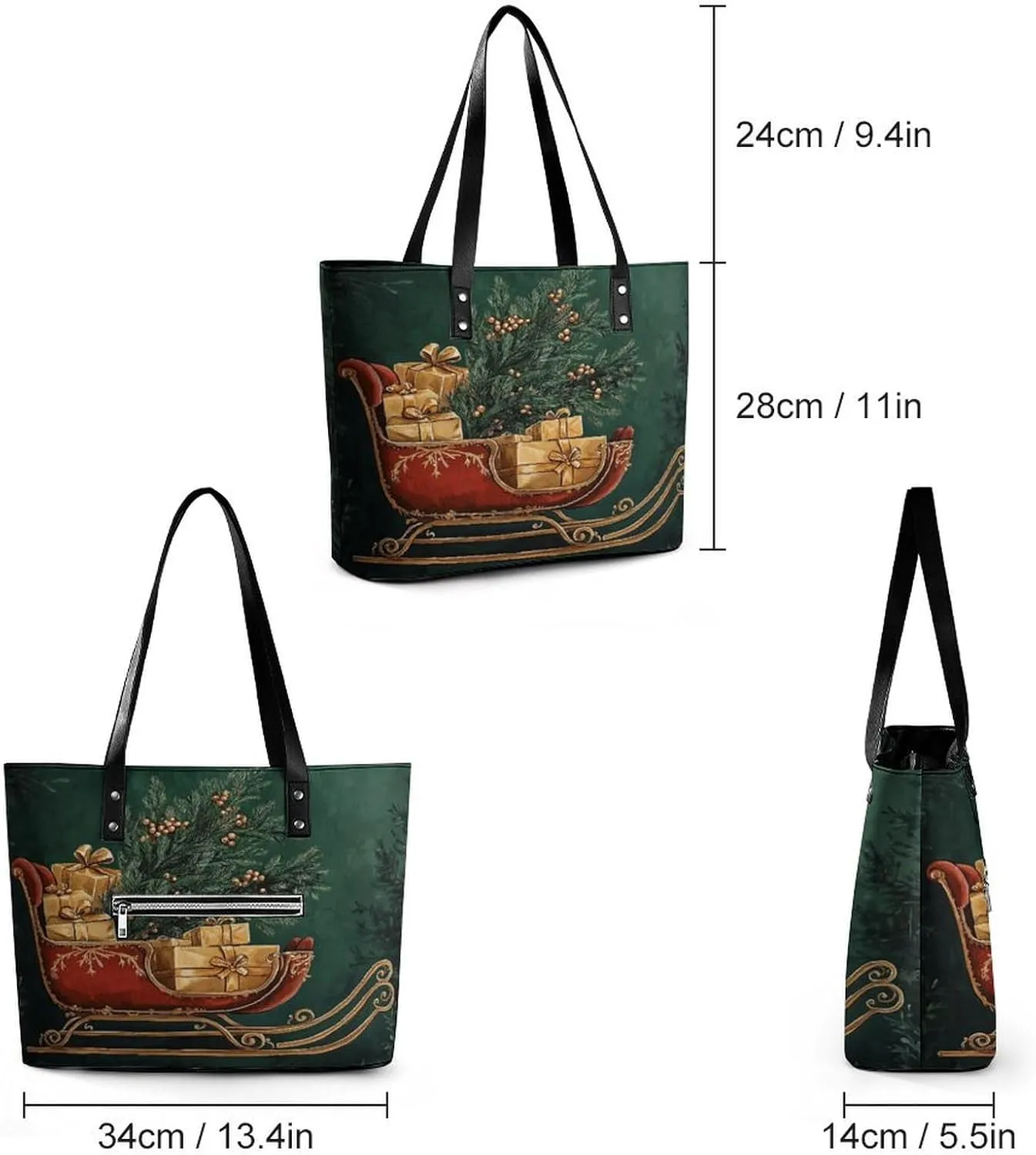 Christmas Sleigh Women Soft Leather Handbags Tote Purses Shoulder Bucket Bags