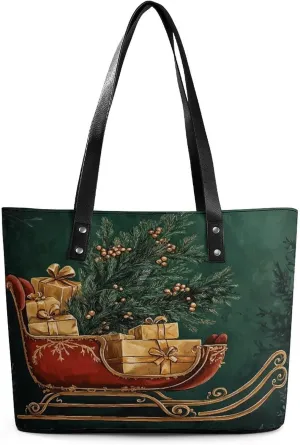 Christmas Sleigh Women Soft Leather Handbags Tote Purses Shoulder Bucket Bags