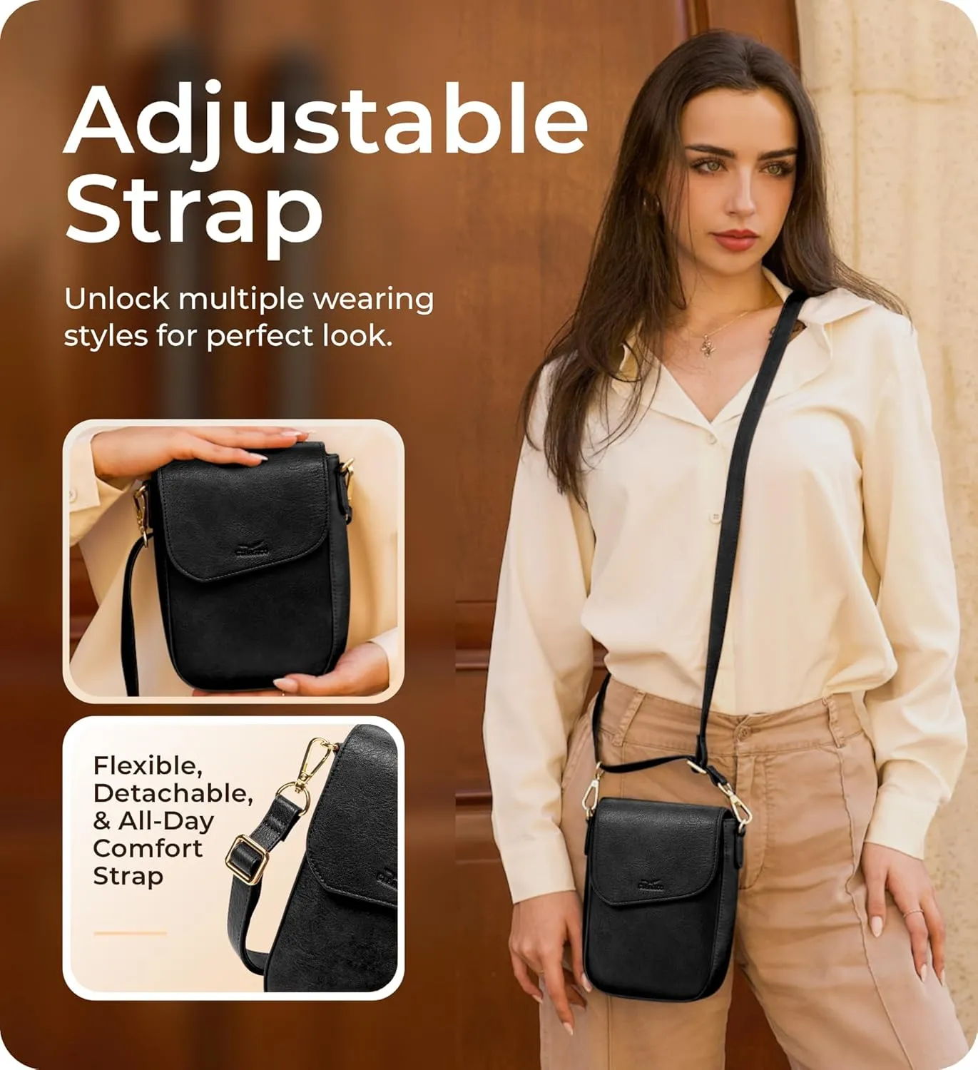 Claasico Crossbody Bag for Women, RFID Phone Purse, Card Slots Coin Pocket w/strap, Phone Holder PU Leather Crossbody Purse