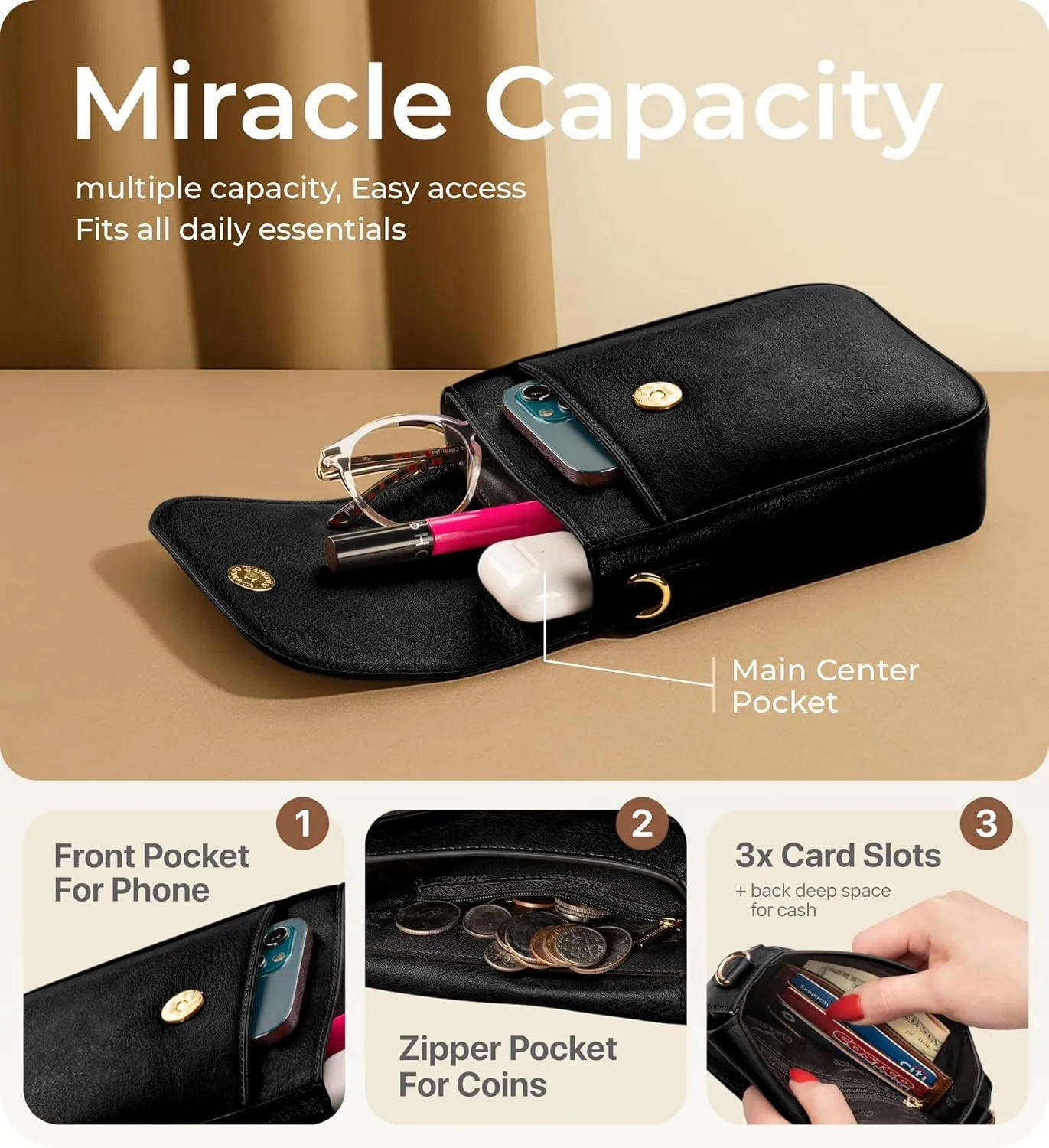 Claasico Crossbody Bag for Women, RFID Phone Purse, Card Slots Coin Pocket w/strap, Phone Holder PU Leather Crossbody Purse