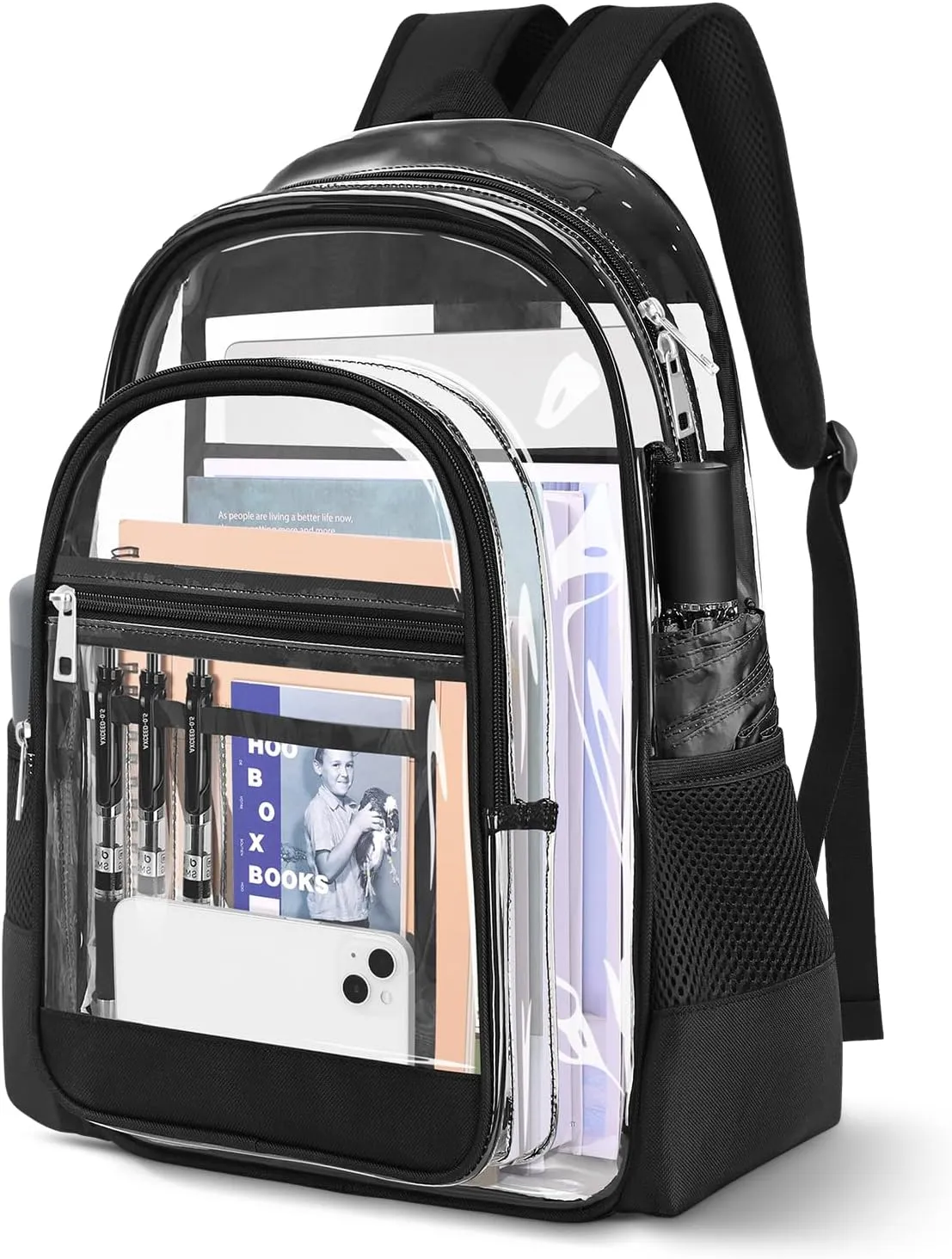 Clear Backpack, Clear Bookbag Large Clear Casual Backpacks Heavy Duty PVC Transparent Backpacks with Multi-pockets See Through Backpack for School College Concert Work Travel, Black