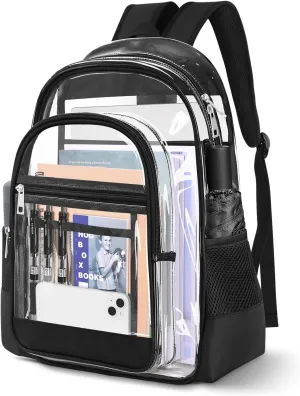 Clear Backpack, Clear Bookbag Large Clear Casual Backpacks Heavy Duty PVC Transparent Backpacks with Multi-pockets See Through Backpack for School College Concert Work Travel, Black