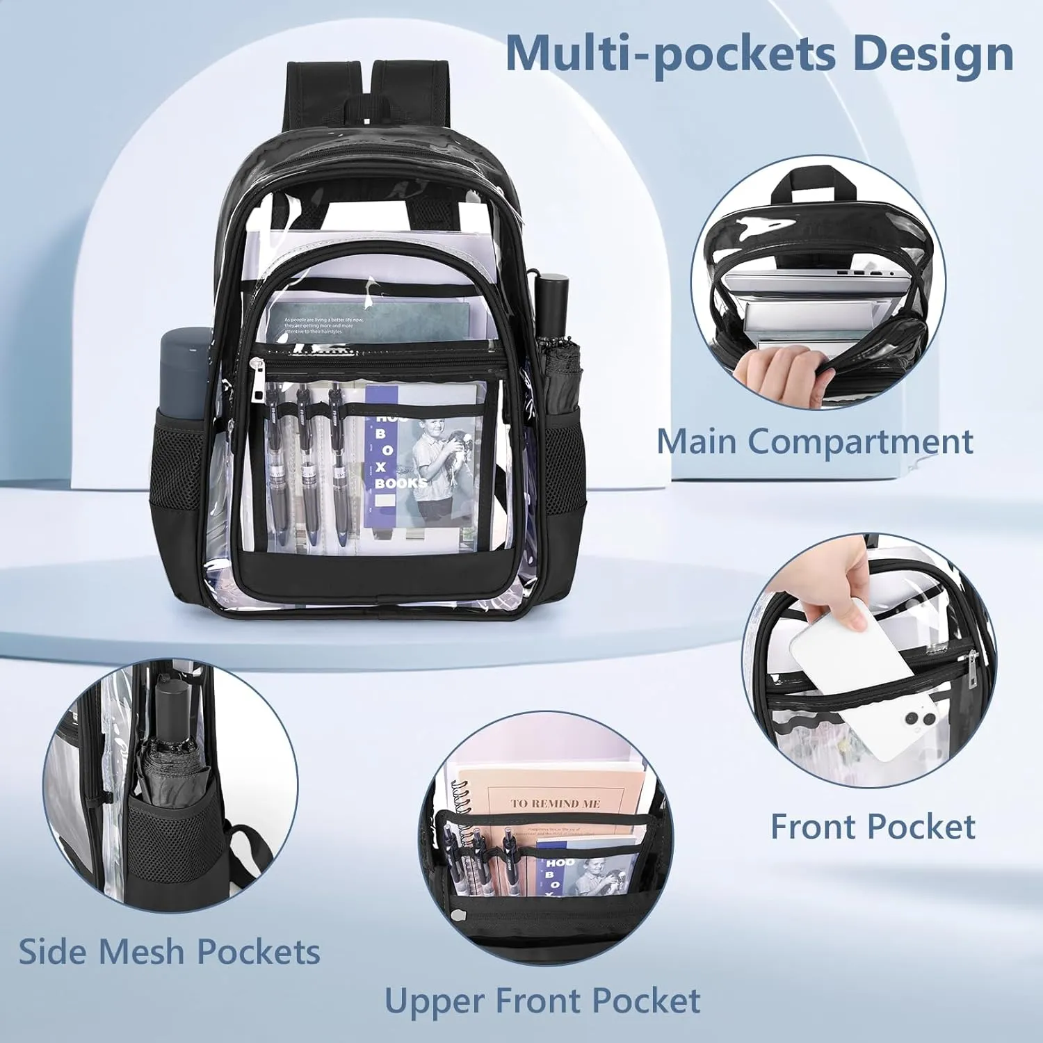 Clear Backpack, Clear Bookbag Large Clear Casual Backpacks Heavy Duty PVC Transparent Backpacks with Multi-pockets See Through Backpack for School College Concert Work Travel, Black