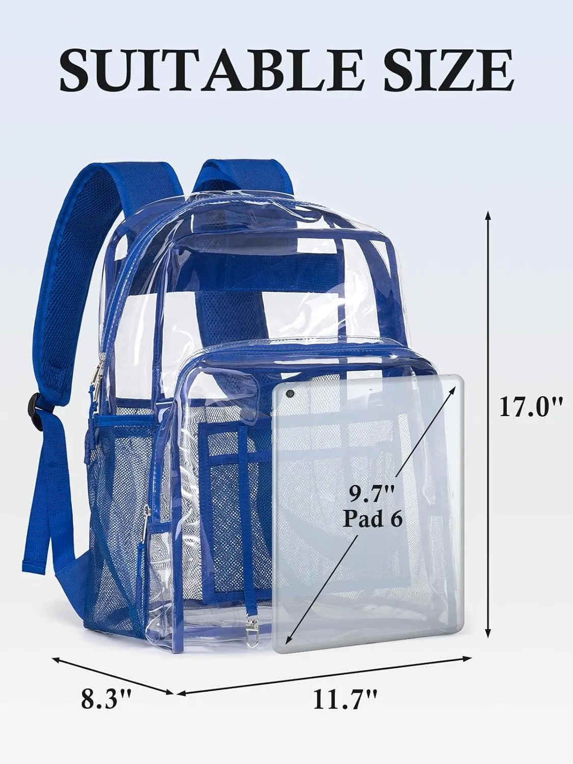 Clear Backpack for School, 17 inch Large Heavy Duty-TPU See Through Bookbag for Boys Girls and Adult, Transparent Backpack With Multi-Pockets for College Work Gym Sport, Blue