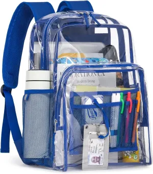 Clear Backpack for School, 17 inch Large Heavy Duty-TPU See Through Bookbag for Boys Girls and Adult, Transparent Backpack With Multi-Pockets for College Work Gym Sport, Blue