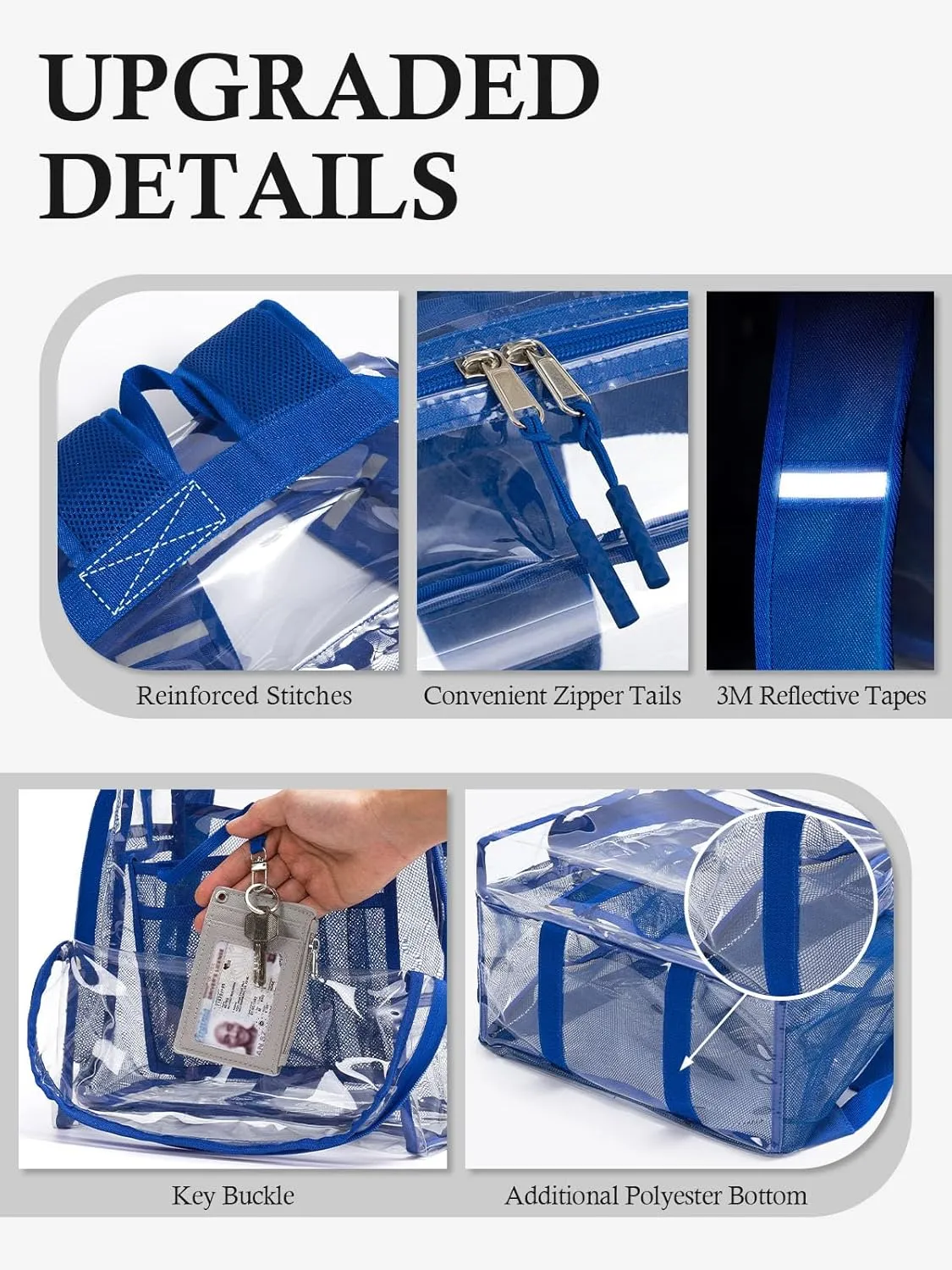 Clear Backpack for School, 17 inch Large Heavy Duty-TPU See Through Bookbag for Boys Girls and Adult, Transparent Backpack With Multi-Pockets for College Work Gym Sport, Blue