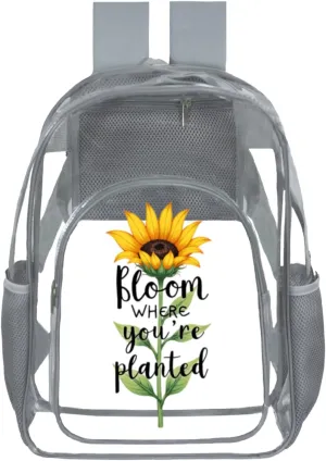 Clear Backpack for Women - 17 Inches Heavy Duty TPU Transparent Bookbag for Girls - Aesthetic Sunflower Pattern Backpacks for Work, School, Gym, Travel (Grey)