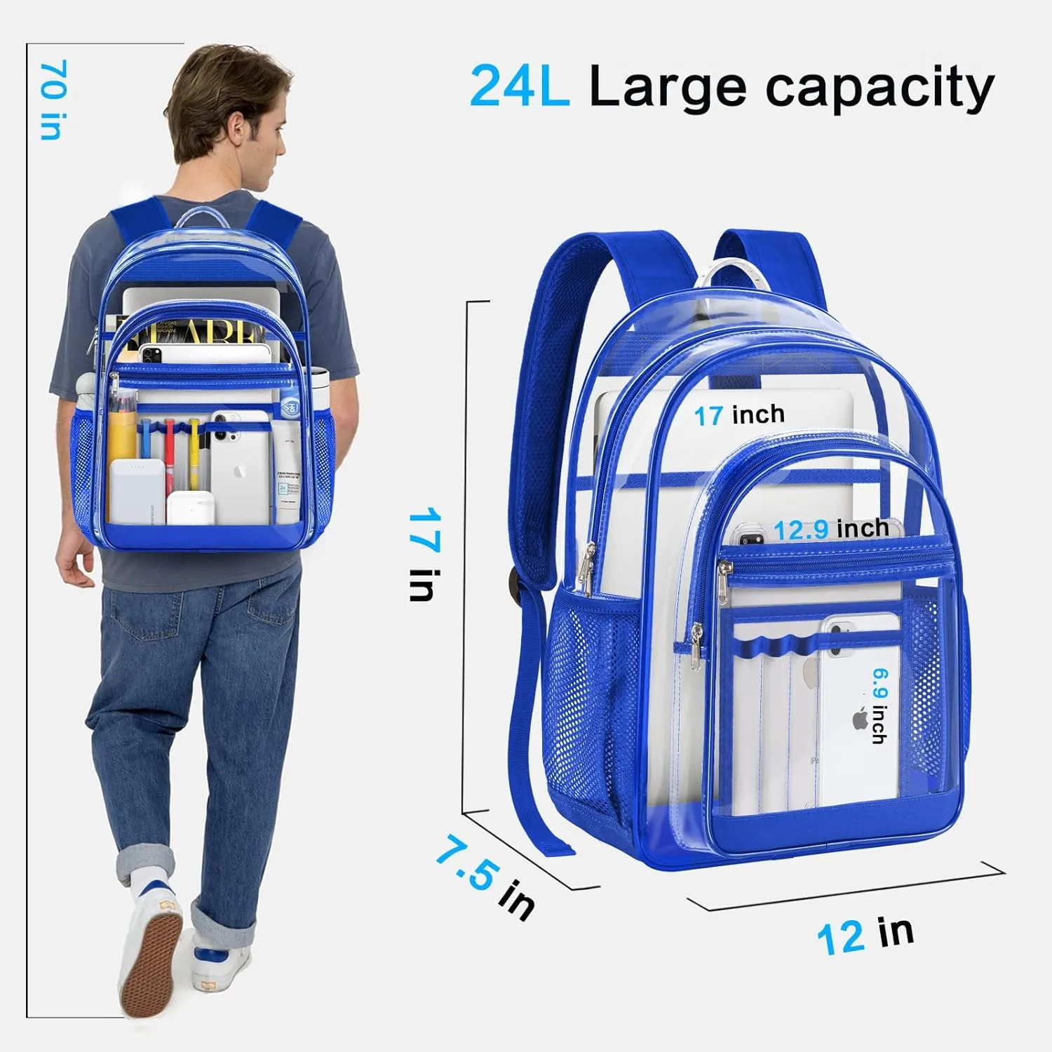 Clear Backpack, Heavy Duty Large Transparent Bag with Reinforced Straps, See Through Backpack for College, Travel, Work Security - Blue