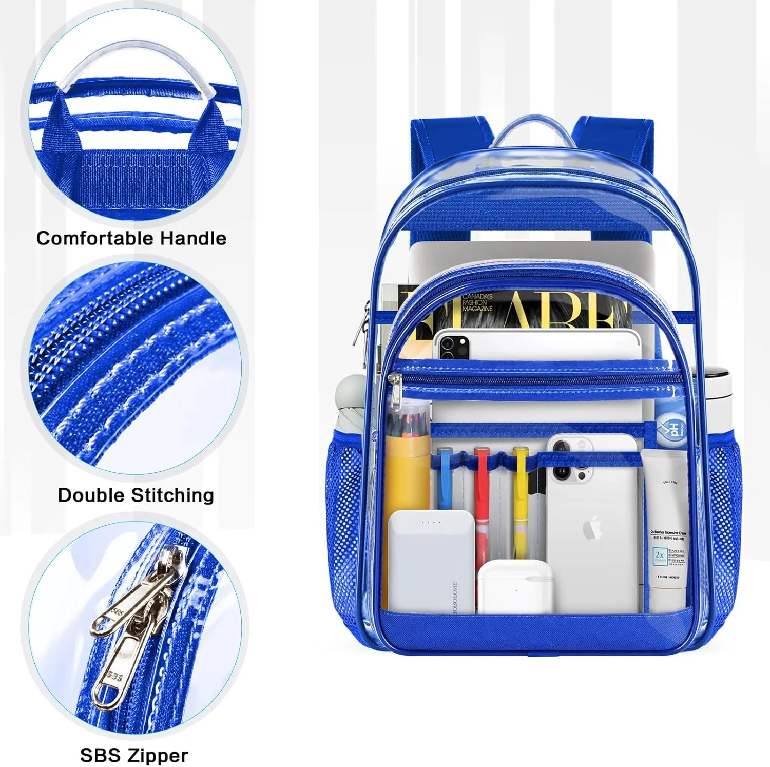 Clear Backpack, Heavy Duty Large Transparent Bag with Reinforced Straps, See Through Backpack for College, Travel, Work Security - Blue