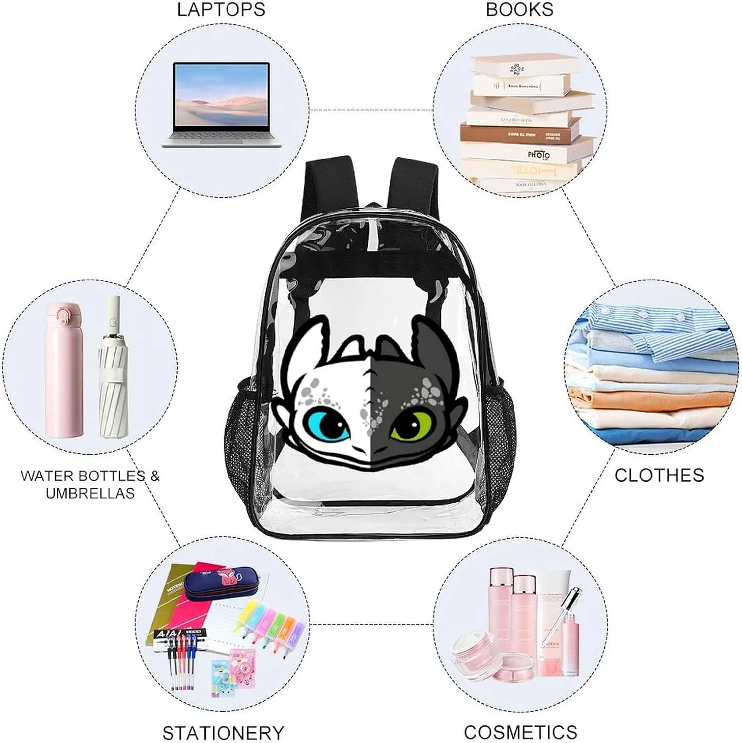 Clear Backpack Heavy Duty PVC Transparent Cartoon Dragon Backpack 17" Large Capacity See Through Bag for College