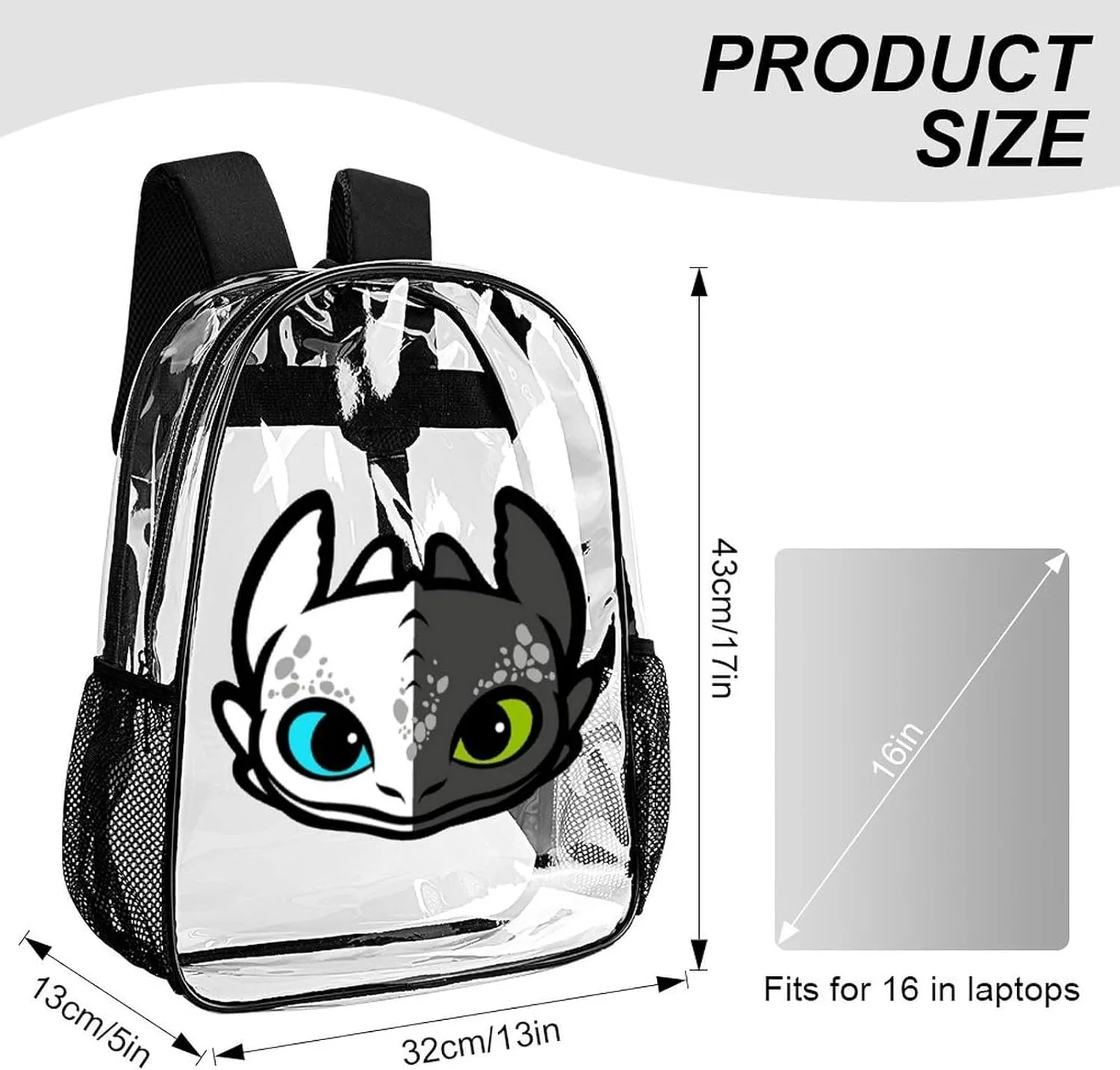 Clear Backpack Heavy Duty PVC Transparent Cartoon Dragon Backpack 17" Large Capacity See Through Bag for College