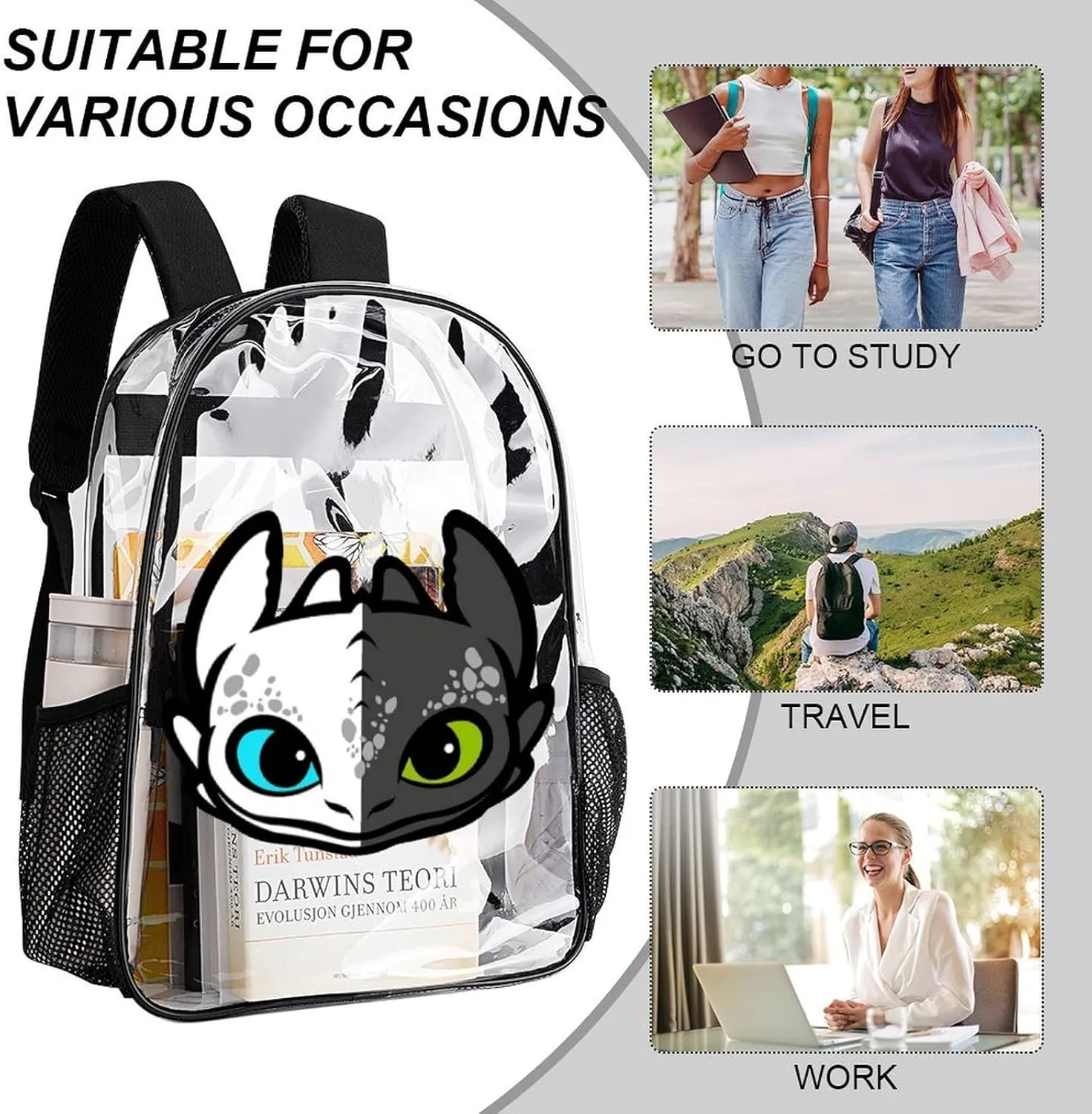 Clear Backpack Heavy Duty PVC Transparent Cartoon Dragon Backpack 17" Large Capacity See Through Bag for College