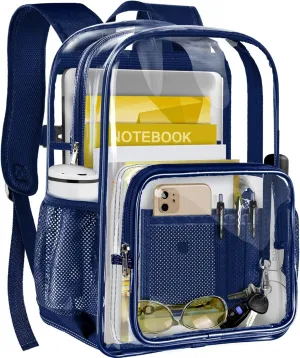 Clear Backpack, Heavy Duty Transparent Backpack with Reinforced Bottom See Through Bag for College, Travel, Workplace Security - Navy