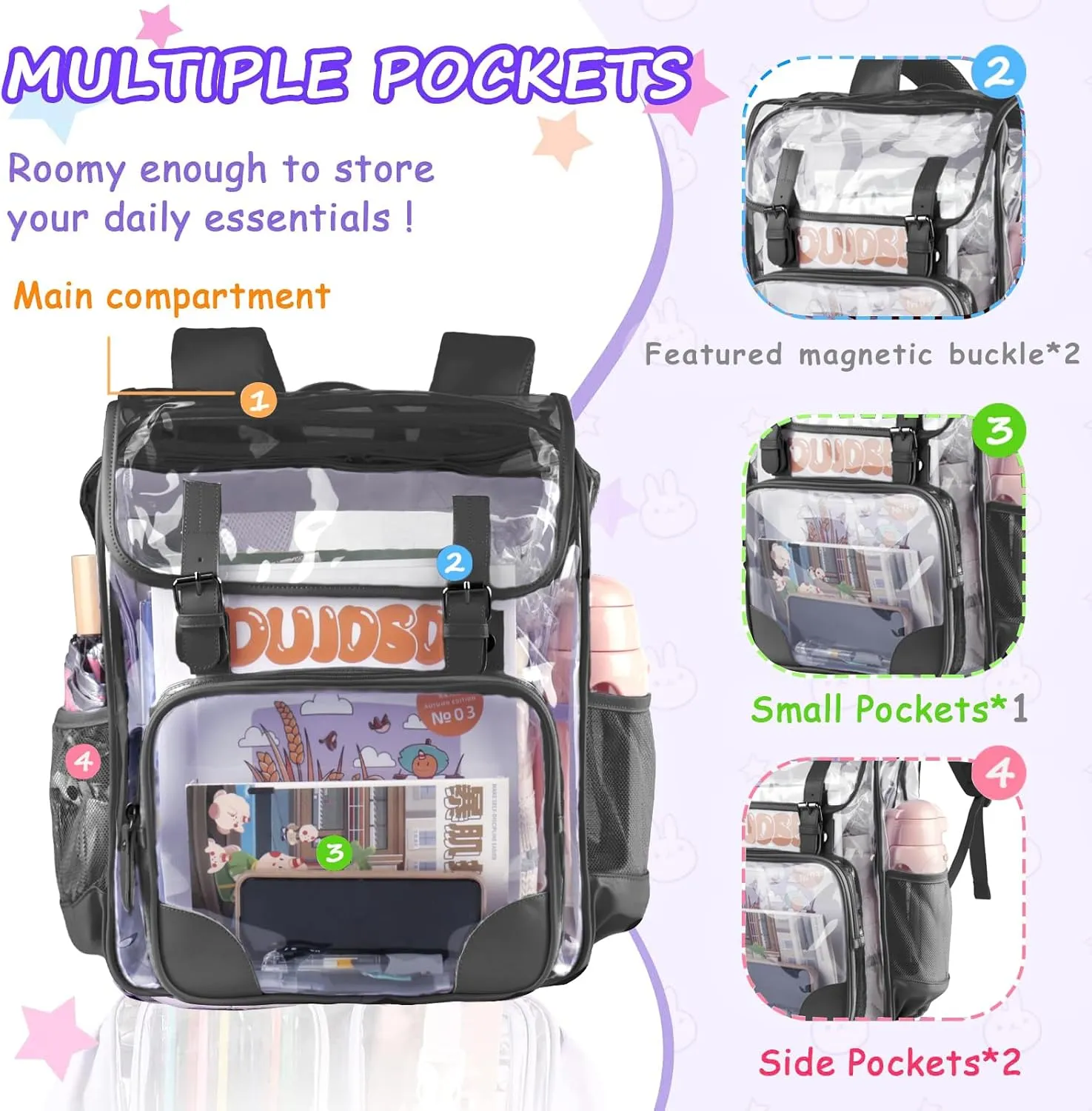 Clear Backpack,Heavy Duty Waterproof Clear Bookbag for School College Work Travel Security Heavy Duty PVC Transparent Bookbag See Through Backpack - Black