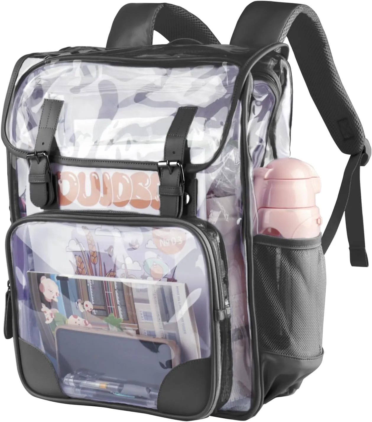 Clear Backpack,Heavy Duty Waterproof Clear Bookbag for School College Work Travel Security Heavy Duty PVC Transparent Bookbag See Through Backpack - Black