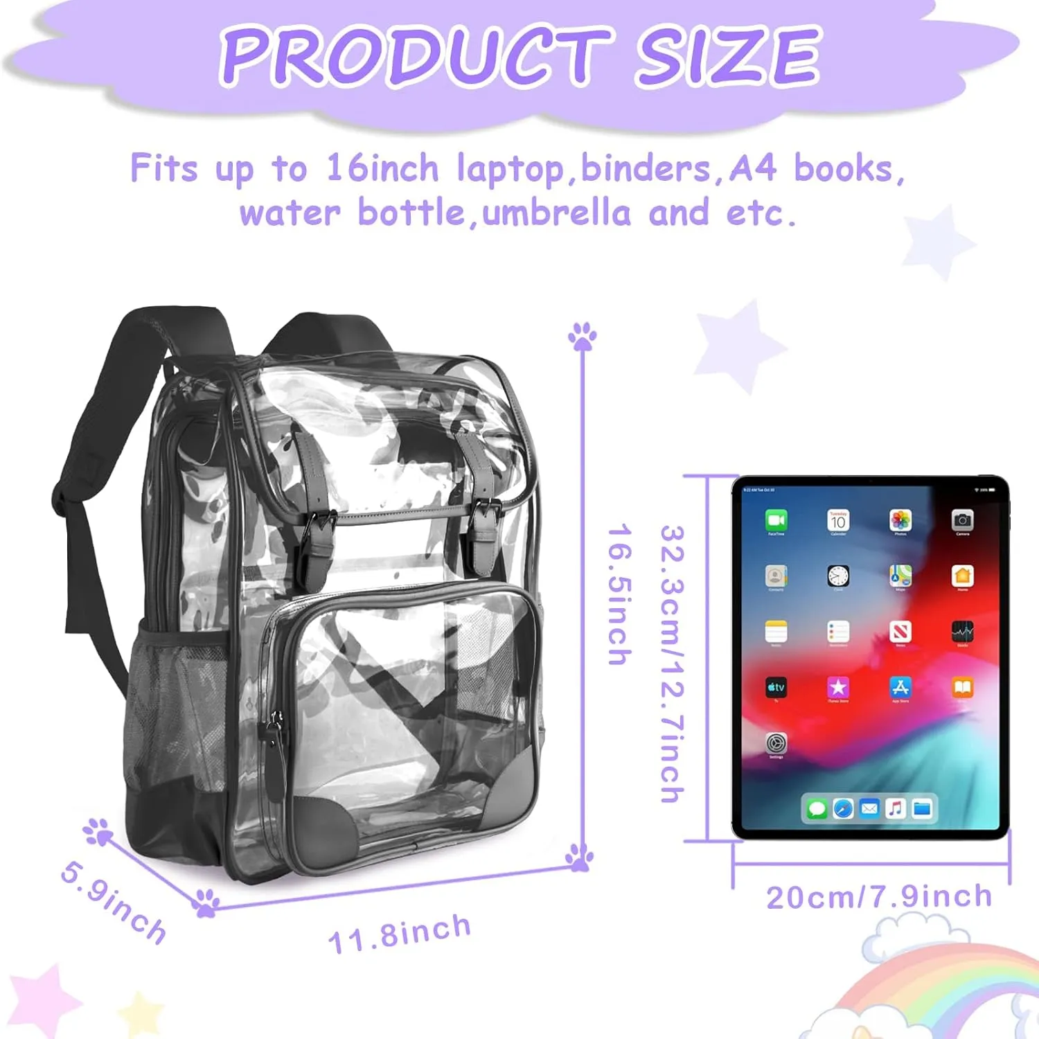 Clear Backpack,Heavy Duty Waterproof Clear Bookbag for School College Work Travel Security Heavy Duty PVC Transparent Bookbag See Through Backpack - Black