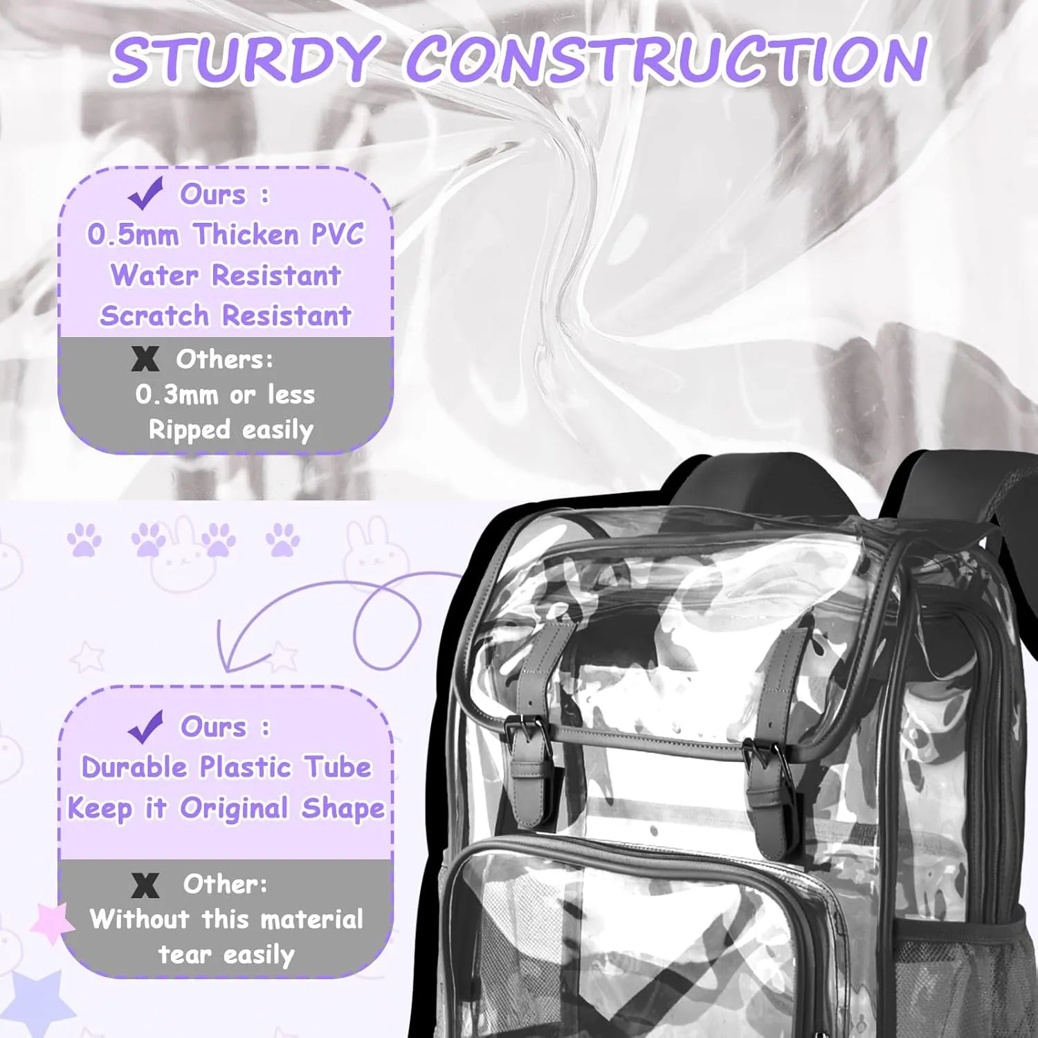 Clear Backpack,Heavy Duty Waterproof Clear Bookbag for School College Work Travel Security Heavy Duty PVC Transparent Bookbag See Through Backpack - Black