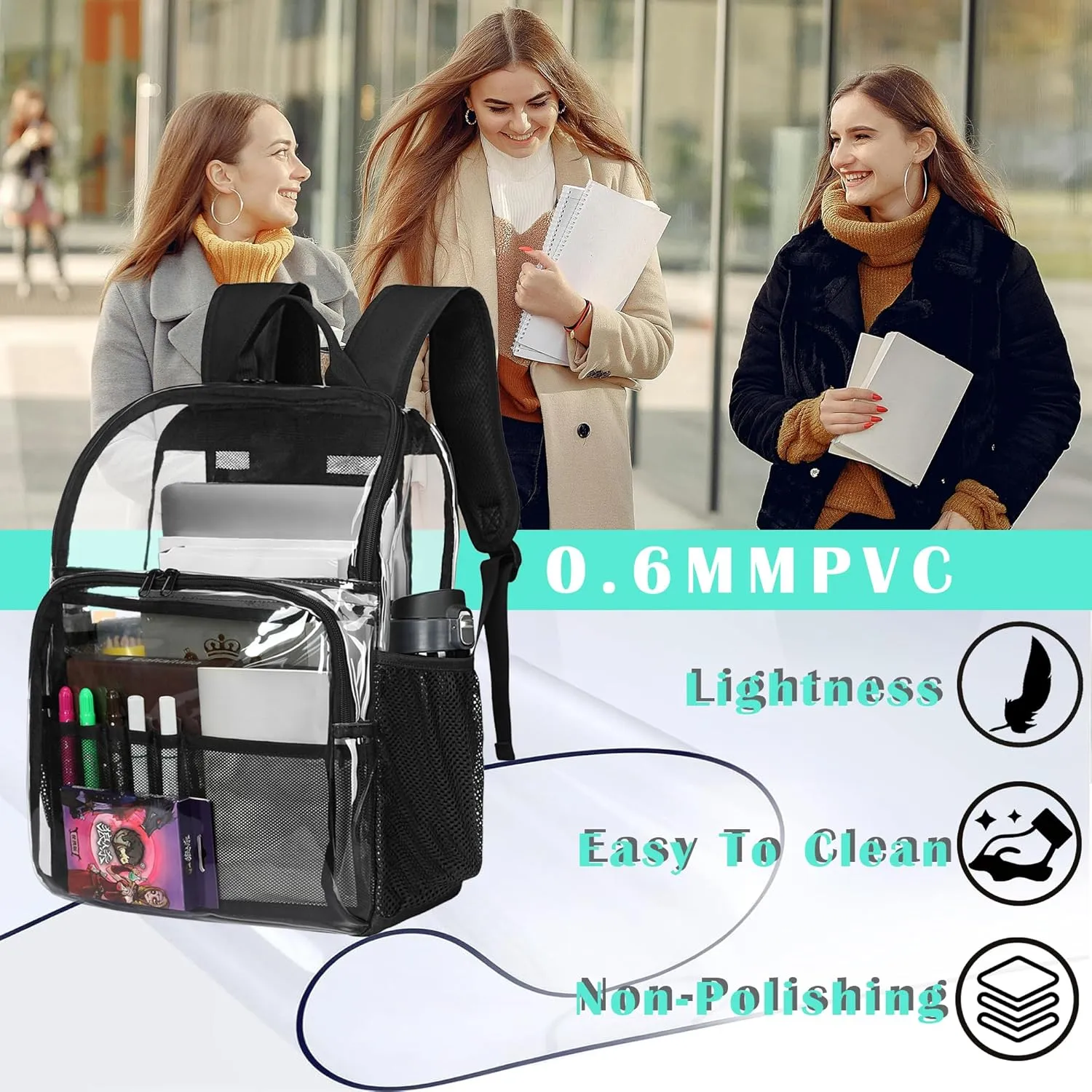 Clear Backpacks for School,18'' Large Clear Backpack Heavy Duty Clear Backpack See Through Backpack Clear Bookbag for Student,School,Work,Travel,Coffee Color