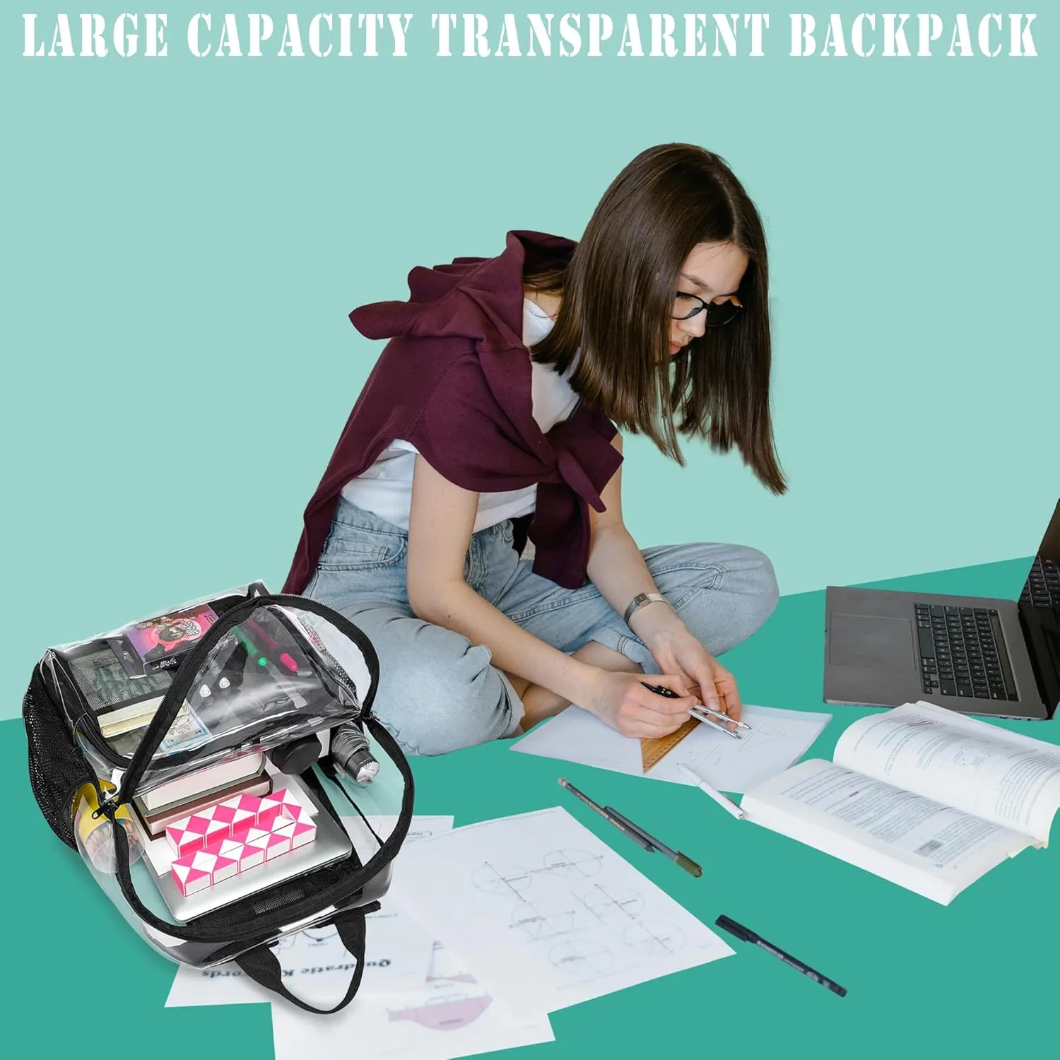 Clear Backpacks for School,18'' Large Clear Backpack Heavy Duty Clear Backpack See Through Backpack Clear Bookbag for Student,School,Work,Travel,Coffee Color