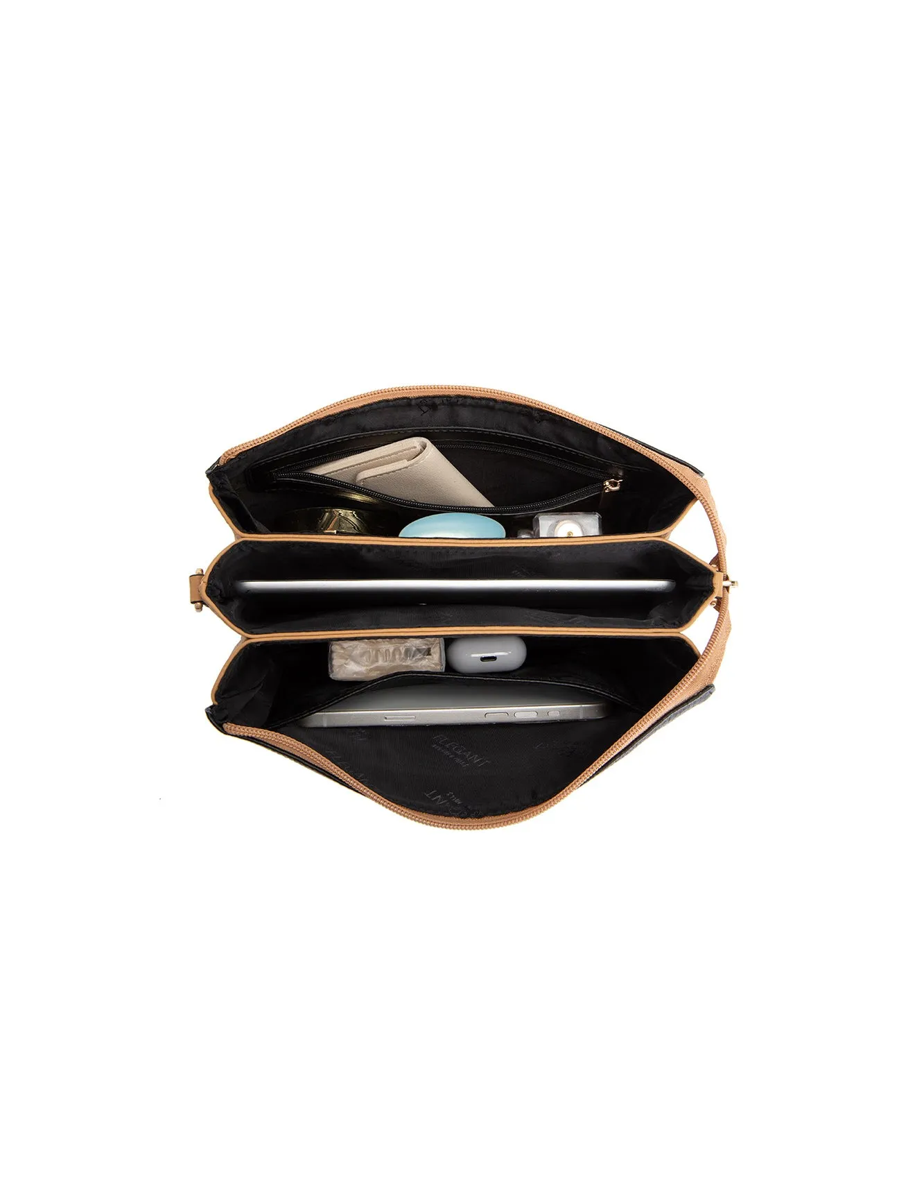CLEO TRIPLE COMPARTMENT LEATHER XBODY BAG - E1-0841-BLK/CAM