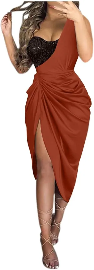 Cocktail Dress for Women,2024 Elegant Sexy Skinny Wedding Guest Dress,Trendy Ruched Slit Irregular Party Dress