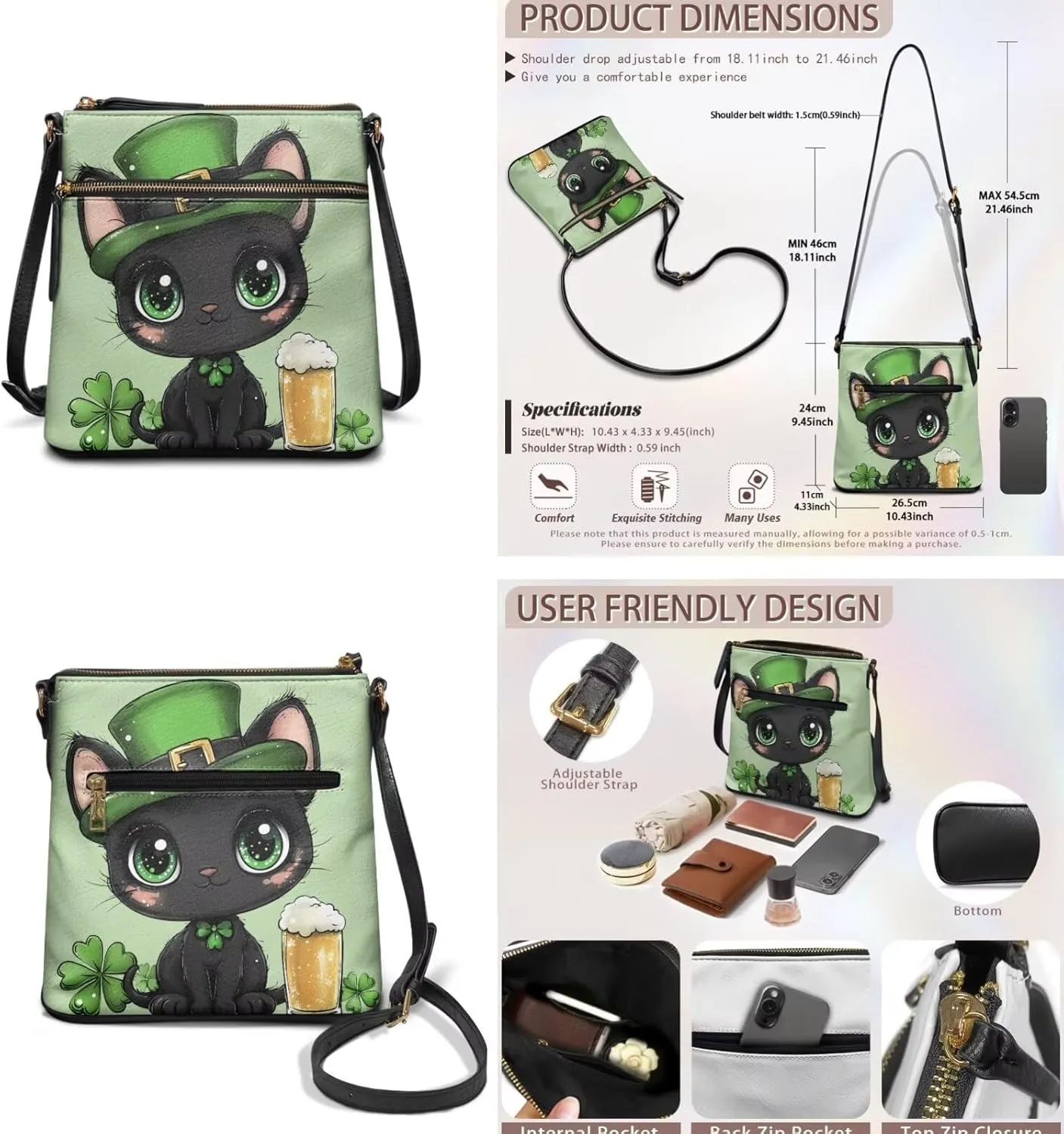 Coldinair St.Patrick's Day PU Leather Hobo Crossbody Bag Purse Ladies Wallet Set Shoulder Bag Hobo Bag Purse