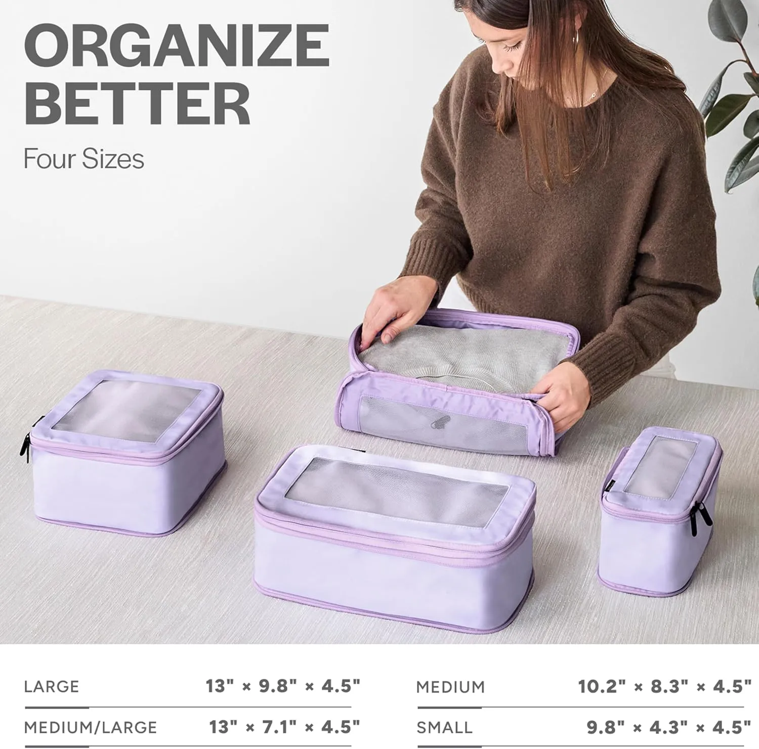 Compression Packing Cubes for Travel - Luggage Organizer Bags - Double Zipper Packing Cubes for Suitcases (4-Pack, Purple)