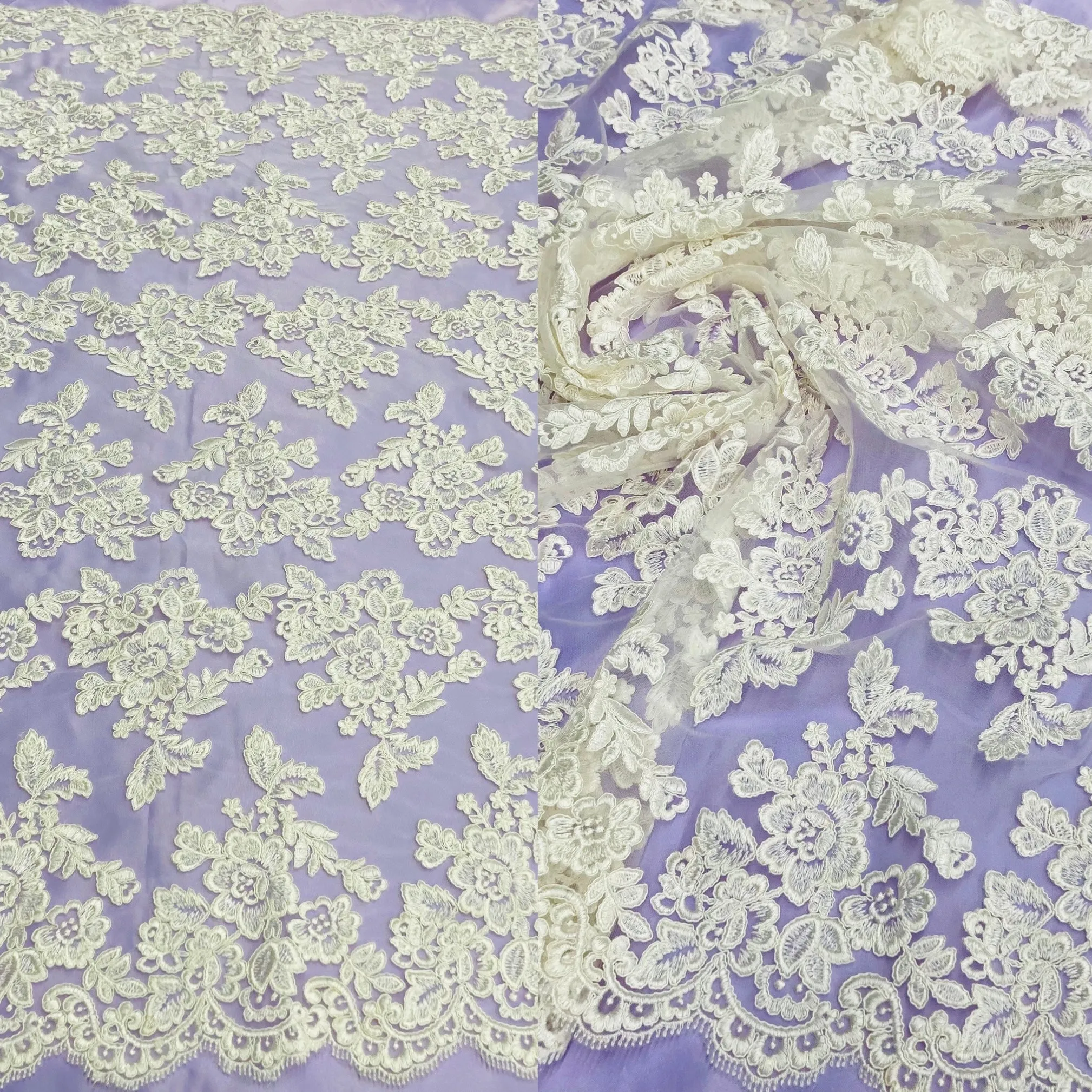 Corded Bridal Lace Fabric Embroidered on 100% Polyester Net Mesh | Lace USA - 95409W