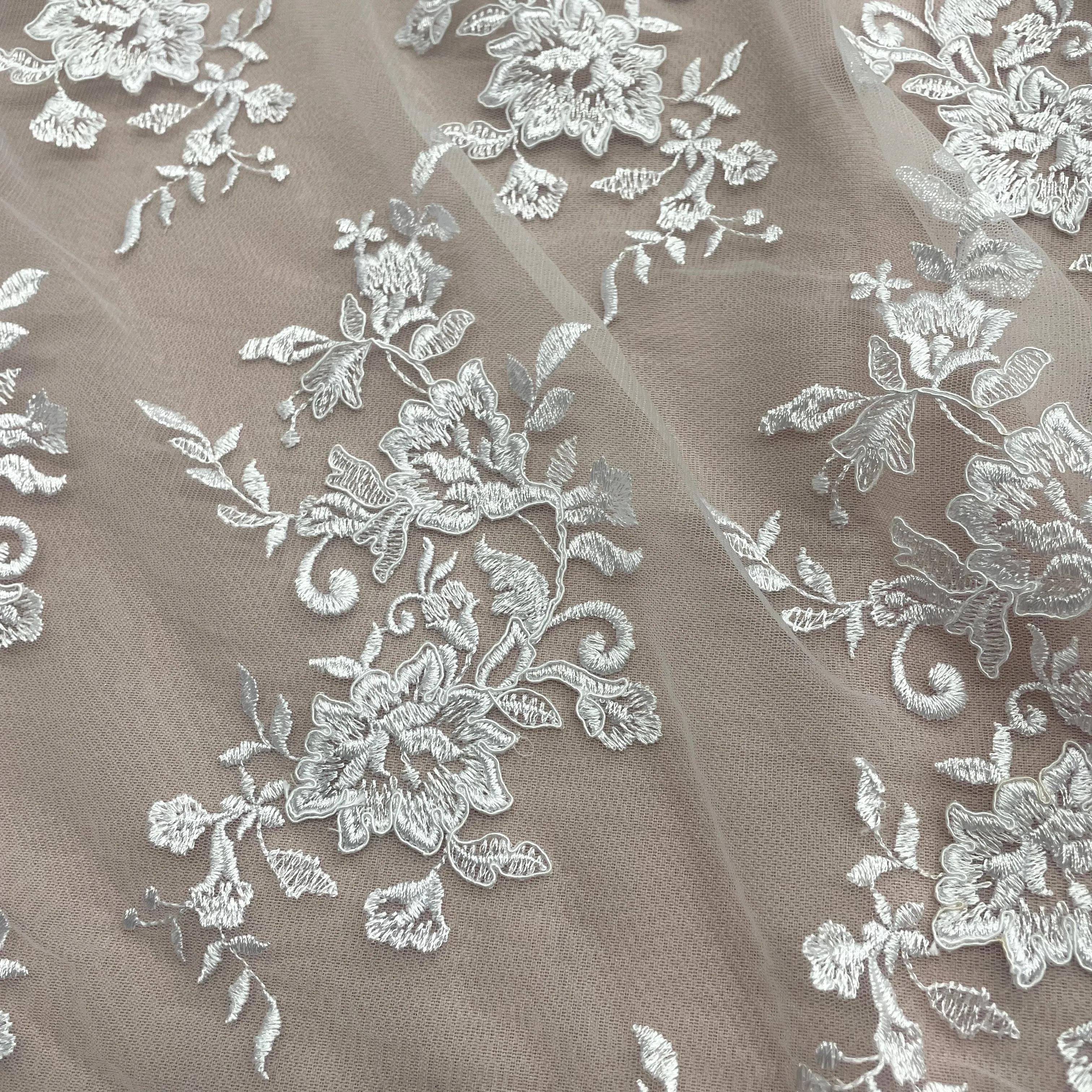 Corded Bridal Lace Fabric Embroidered on 100% Polyester Net Mesh | Lace USA - 97154W
