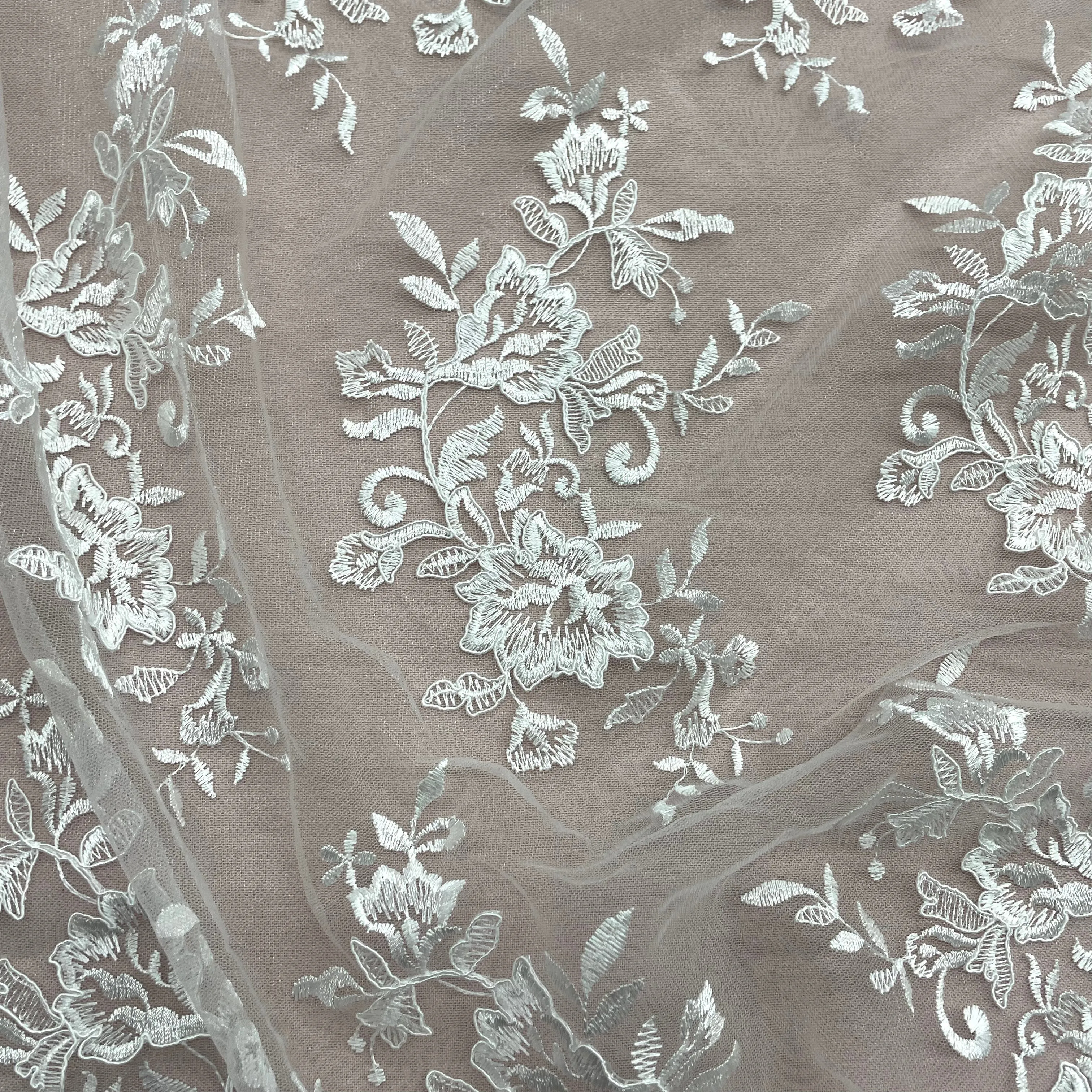 Corded Bridal Lace Fabric Embroidered on 100% Polyester Net Mesh | Lace USA - 97154W