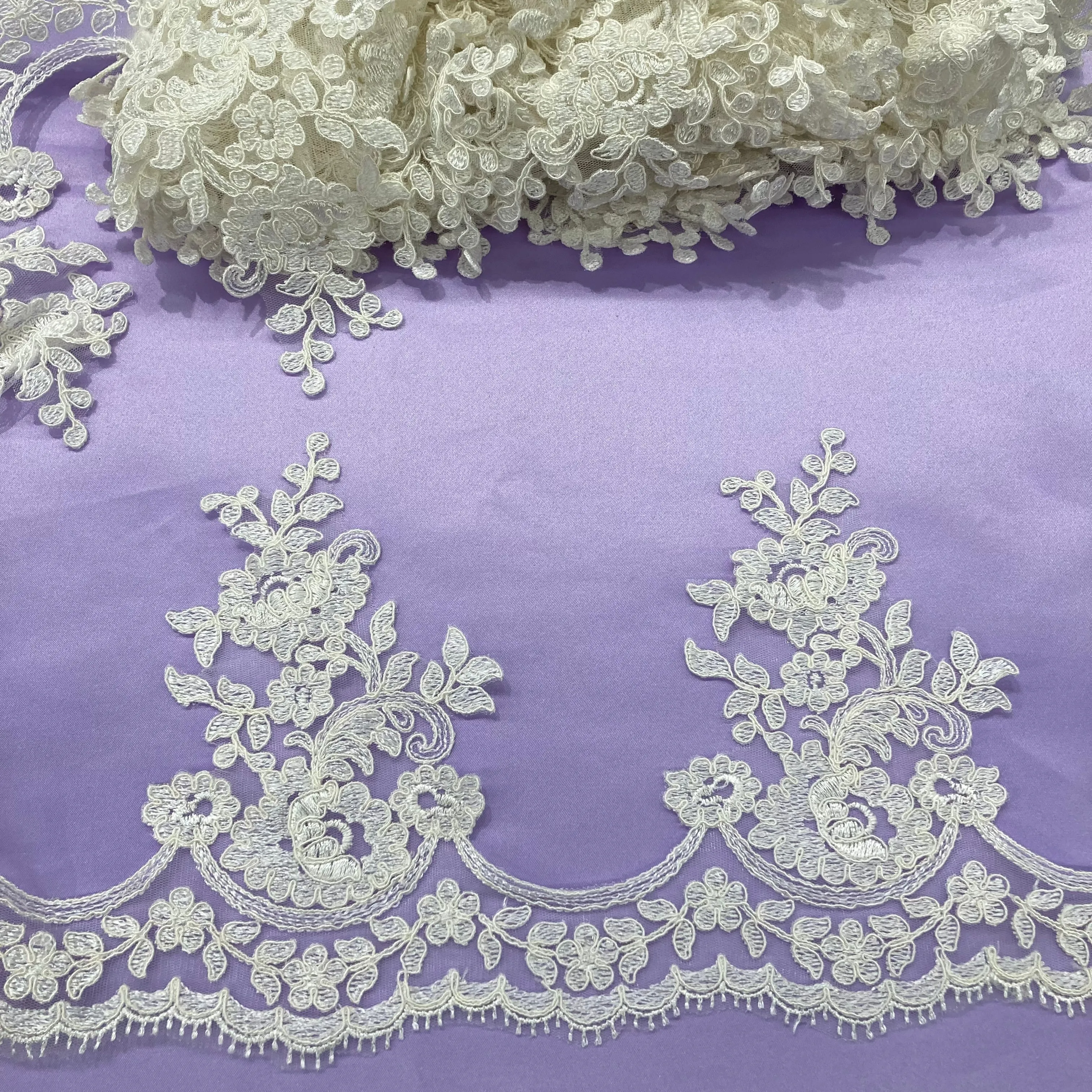 Corded Lace Trimming Embroidered on 100% Polyester Net Mesh | Lace USA - 97008W/1
