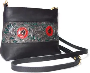 Cords Craft Tooled Leather Purse, Hand Tooled Leather Crossbody Bag for Women, Crossbody Purse for Women, Women's Crossbody Handbags, Western Purse for Women, Black