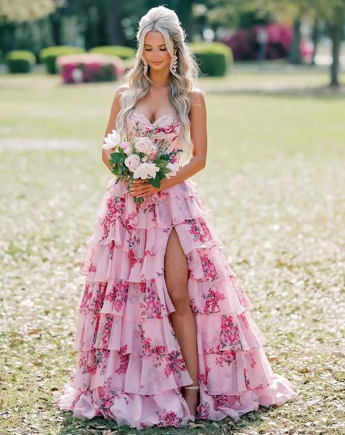 Corset Floral Tiered Prom Dresses for Women 2025 Strapless Long Ruffle Formal Evening Gowns with Slit