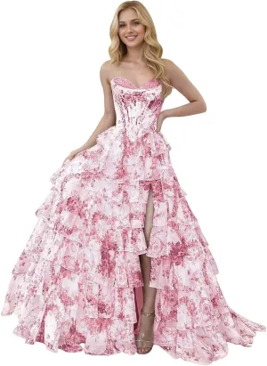 Corset Floral Tiered Prom Dresses for Women 2025 Strapless Long Ruffle Formal Evening Gowns with Slit