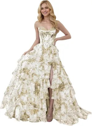Corset Floral Tiered Prom Dresses for Women 2025 Strapless Long Ruffle Formal Evening Gowns with Slit