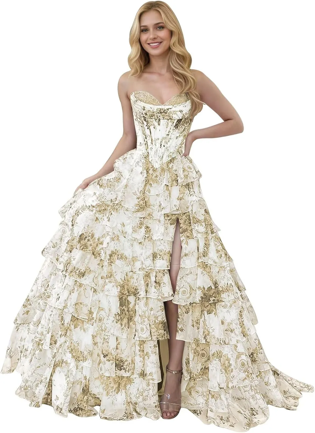 Corset Floral Tiered Prom Dresses for Women 2025 Strapless Long Ruffle Formal Evening Gowns with Slit
