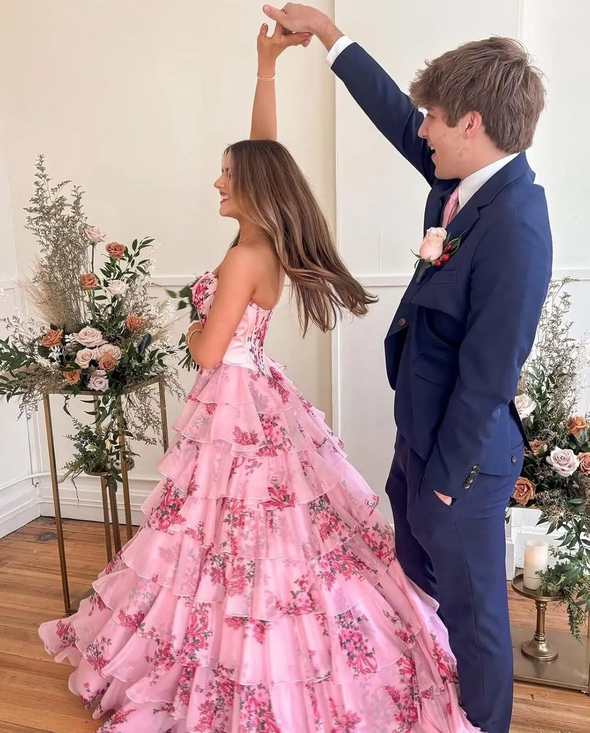 Corset Floral Tiered Prom Dresses for Women 2025 Strapless Long Ruffle Formal Evening Gowns with Slit