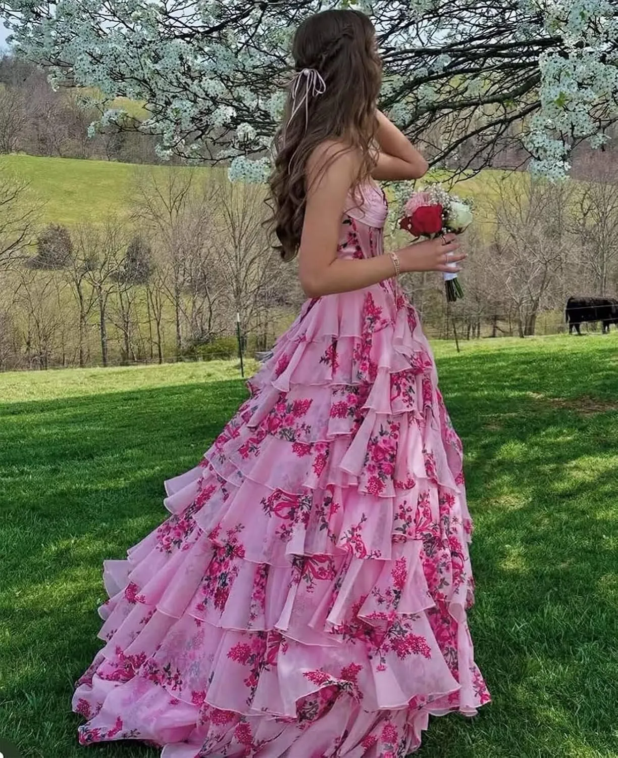 Corset Floral Tiered Prom Dresses for Women 2025 Strapless Long Ruffle Formal Evening Gowns with Slit
