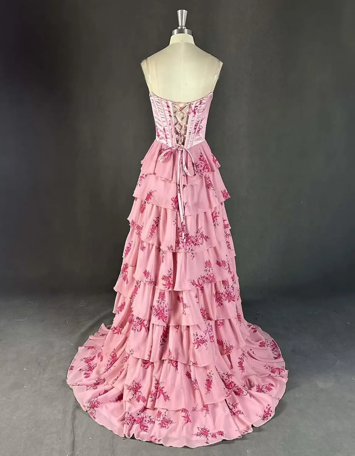 Corset Floral Tiered Prom Dresses for Women 2025 Strapless Long Ruffle Formal Evening Gowns with Slit