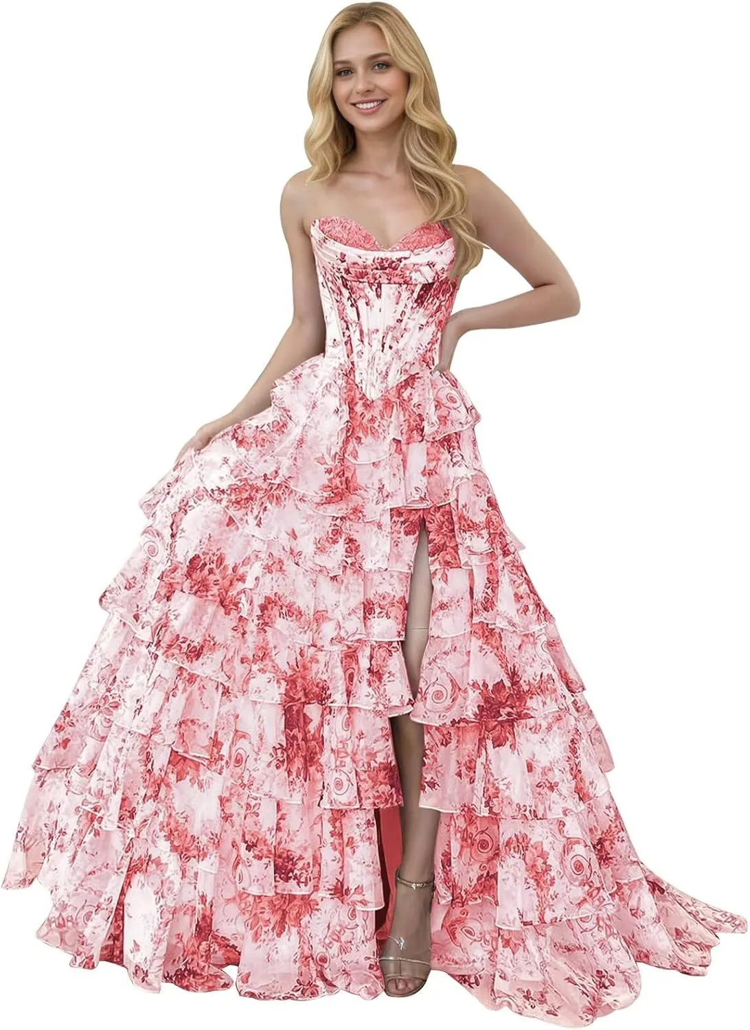 Corset Floral Tiered Prom Dresses for Women 2025 Strapless Long Ruffle Formal Evening Gowns with Slit