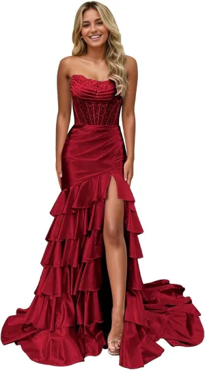 Corset Mermaid Satin Prom Dress for Women Strapless Tiered Ruffle Formal Evening Gowns with Slit