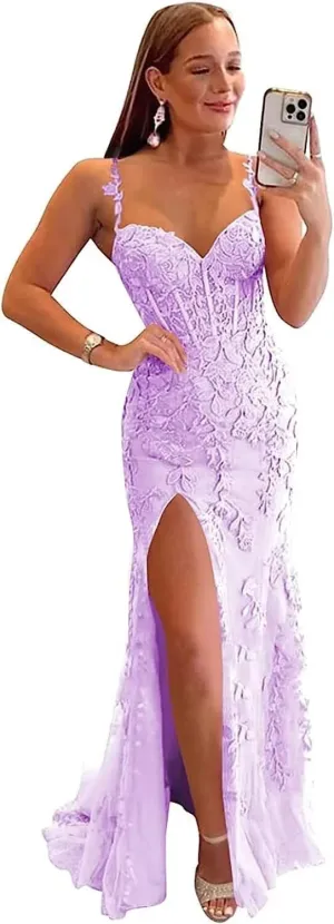 Corset Prom Dresses Lace Tulle Mermaid Formal Evening Gown with Slit