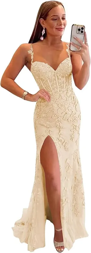 Corset Prom Dresses Lace Tulle Mermaid Formal Evening Gown with Slit