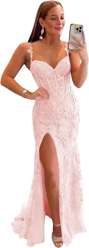 Corset Prom Dresses Lace Tulle Mermaid Formal Evening Gown with Slit
