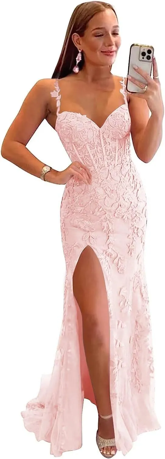 Corset Prom Dresses Lace Tulle Mermaid Formal Evening Gown with Slit