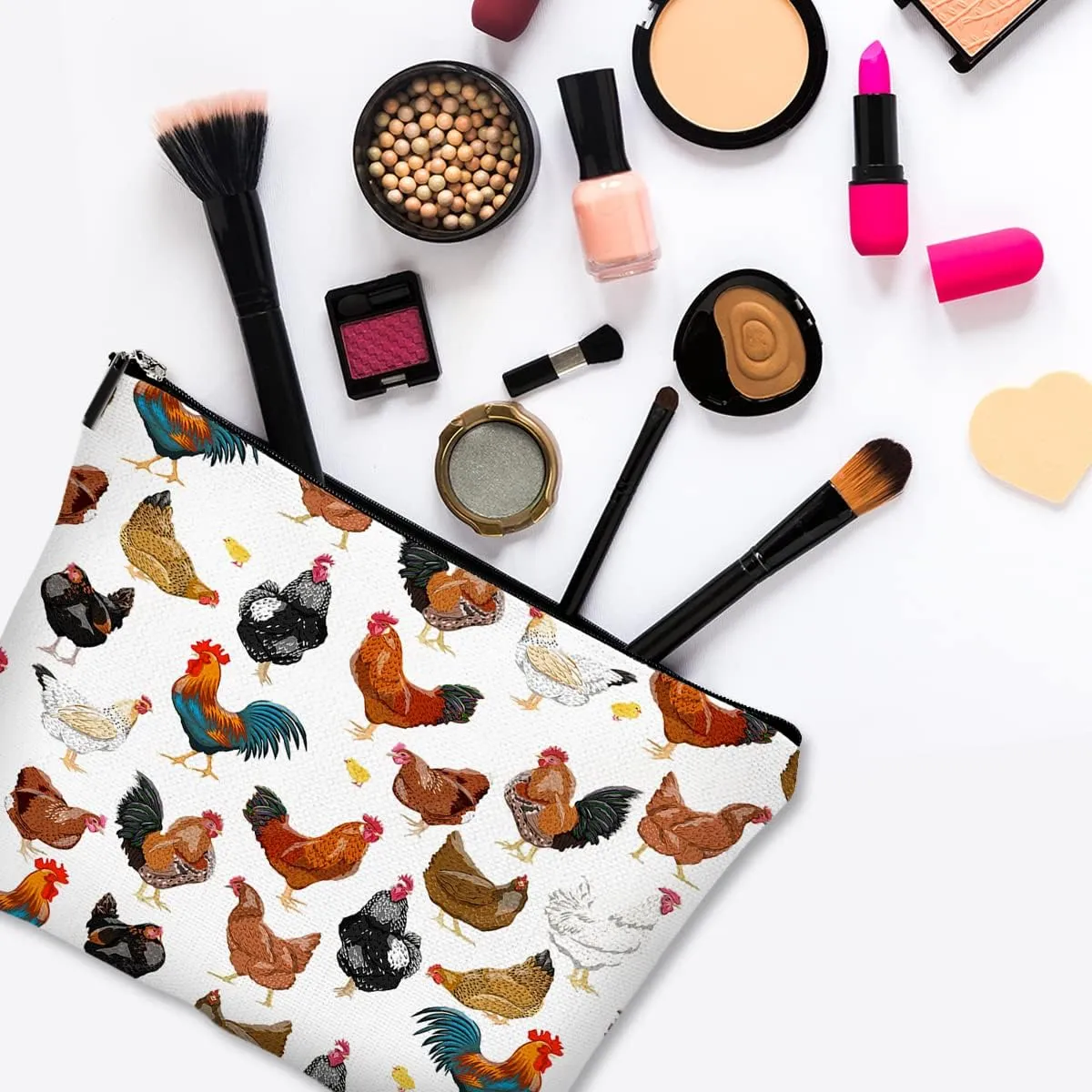 Cosmetic Bags for Women Cute Makeup Bag for Purse Canvas Travel Toiletry Bag Funny Zipper Pouch-White Chicken Makeup Bags