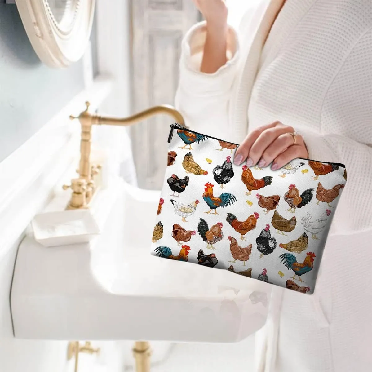 Cosmetic Bags for Women Cute Makeup Bag for Purse Canvas Travel Toiletry Bag Funny Zipper Pouch-White Chicken Makeup Bags