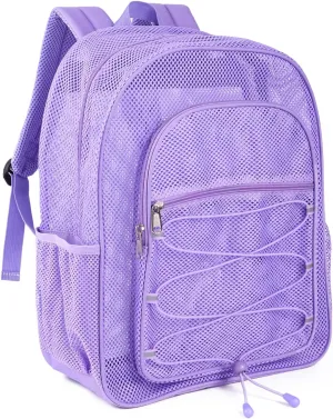 COVAX Heavy Duty Mesh Backpack, Semi-transparent Mesh Bookbag, See Through College Backpack with Bungee and Comfort Padded Straps for Commuting, Swimming, Beach, Outdoor Sports (Purple)